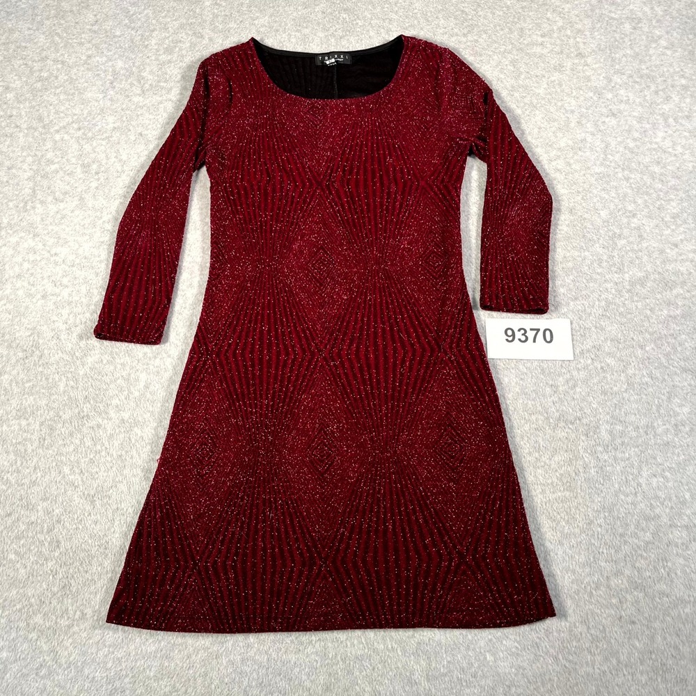 Trixxi Bodycon Dress Womens XS Burgundy Shimmer Glitter Finish Geometric Stretch